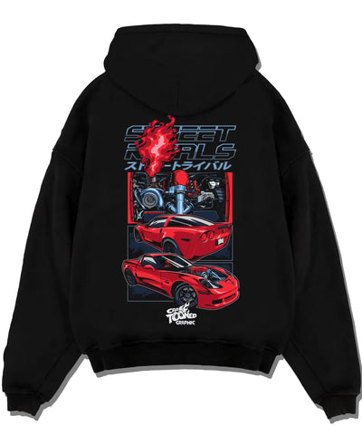 Black pullover hoodie laid flat on a white background, featuring Chevrolet Corvette turbo ls racing street performance graphic.