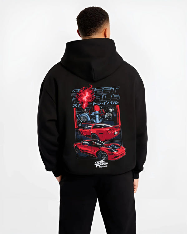 Black hoodie worn by a male model, back view, featuring Chevrolet Corvette turbo ls racing street performance motorsport graphic.