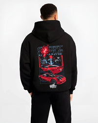 Black hoodie worn by a male model, back view, featuring Chevrolet Corvette turbo ls racing street performance motorsport graphic.