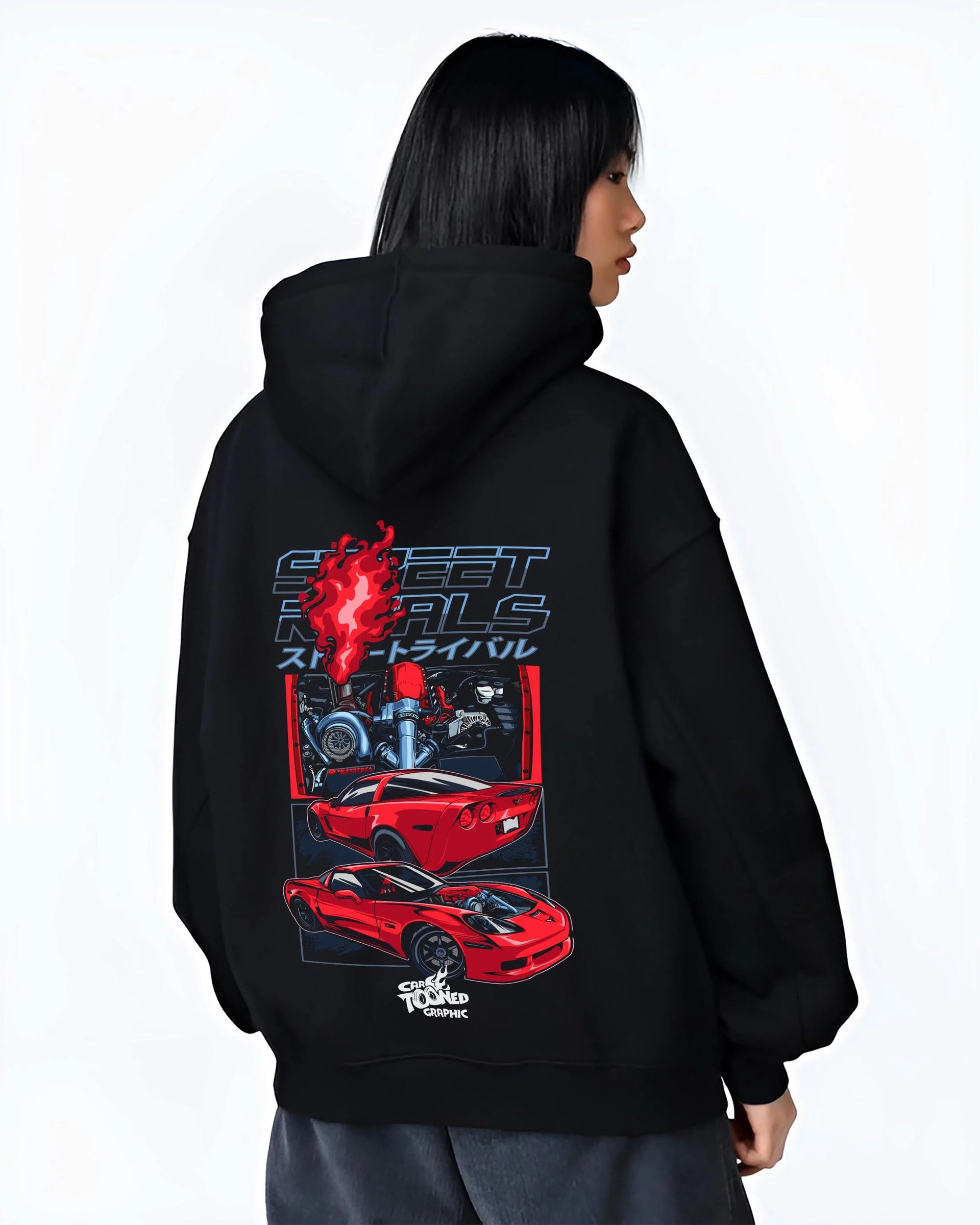 Black hoodie worn by a female model, back view, featuring Chevrolet Corvette turbo ls racing street performance motorsport graphic.