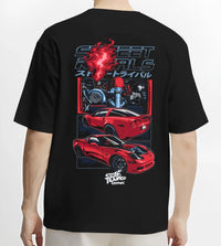 Black T-shirt worn by a male model, back view, featuring Chevrolet Corvette turbo ls racing street performance motorsport graphic.