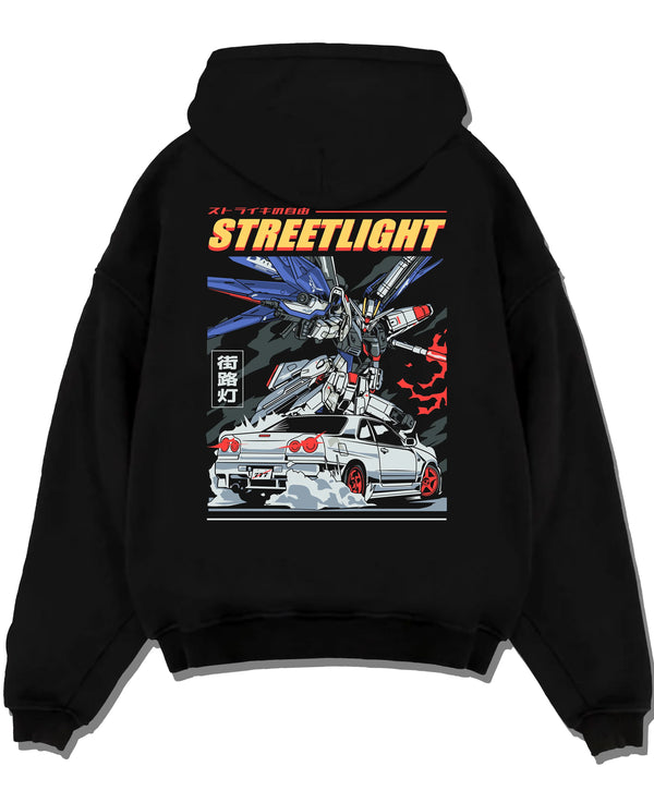 Black pullover hoodie laid flat on a white background, featuring SKYLINE r34 racing drift jdm japanese street performance graphic.