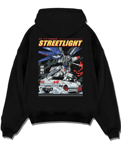 Black pullover hoodie laid flat on a white background, featuring SKYLINE r34 racing drift jdm japanese street performance graphic.