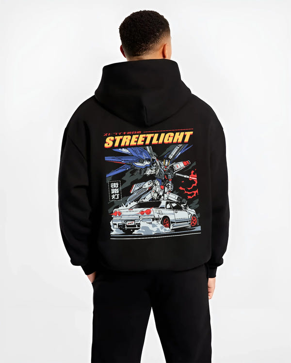 Black hoodie worn by a male model, back view, featuring SKYLINE r34 racing drift jdm japanese street performance graphic.