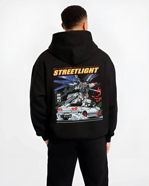 Black hoodie worn by a male model, back view, featuring SKYLINE r34 racing drift jdm japanese street performance graphic.