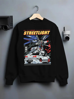 Black crewneck sweatshirt on a hanger against a grey wall, featuring SKYLINE r34 racing drift jdm japanese street graphic.