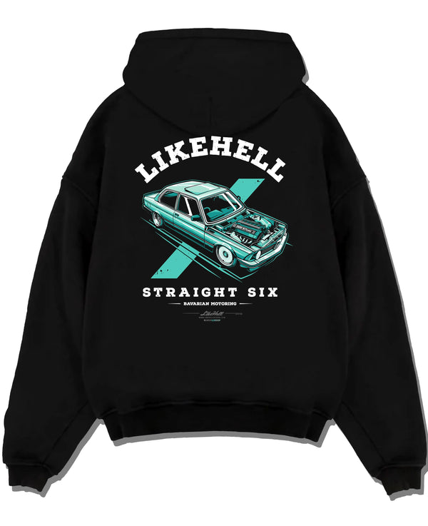 Black pullover hoodie laid flat on a white background, featuring BMW racing drift tuner street enthusiast performance graphic.