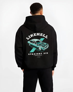 Black hoodie worn by a male model, back view, featuring BMW racing drift tuner street enthusiast performance motorsport graphic.