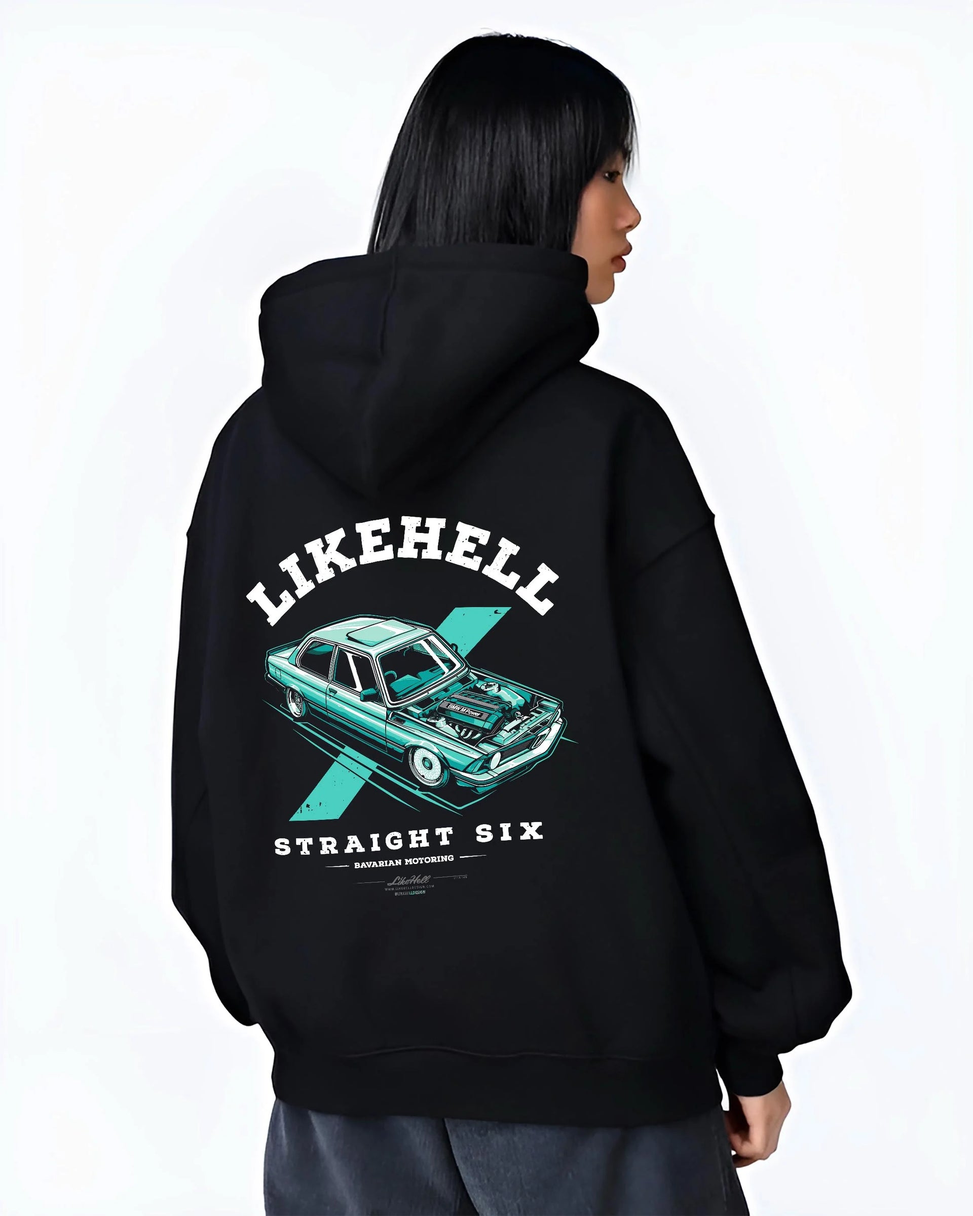 Black hoodie worn by a female model, back view, featuring BMW racing drift tuner street enthusiast performance motorsport graphic.