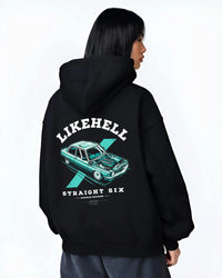 Black hoodie worn by a female model, back view, featuring BMW racing drift tuner street enthusiast performance motorsport graphic.