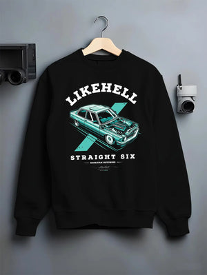 Black crewneck sweatshirt on a hanger against a grey wall, featuring BMW racing drift tuner street enthusiast performance graphic.