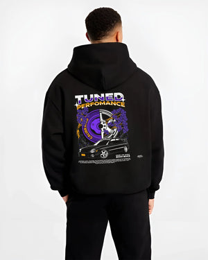 Black hoodie worn by a male model, back view, featuring Subaru WRX rally legend racing street performance motorsport graphic.