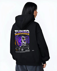 Black hoodie worn by a female model, back view, featuring Subaru WRX rally legend racing street performance motorsport graphic.