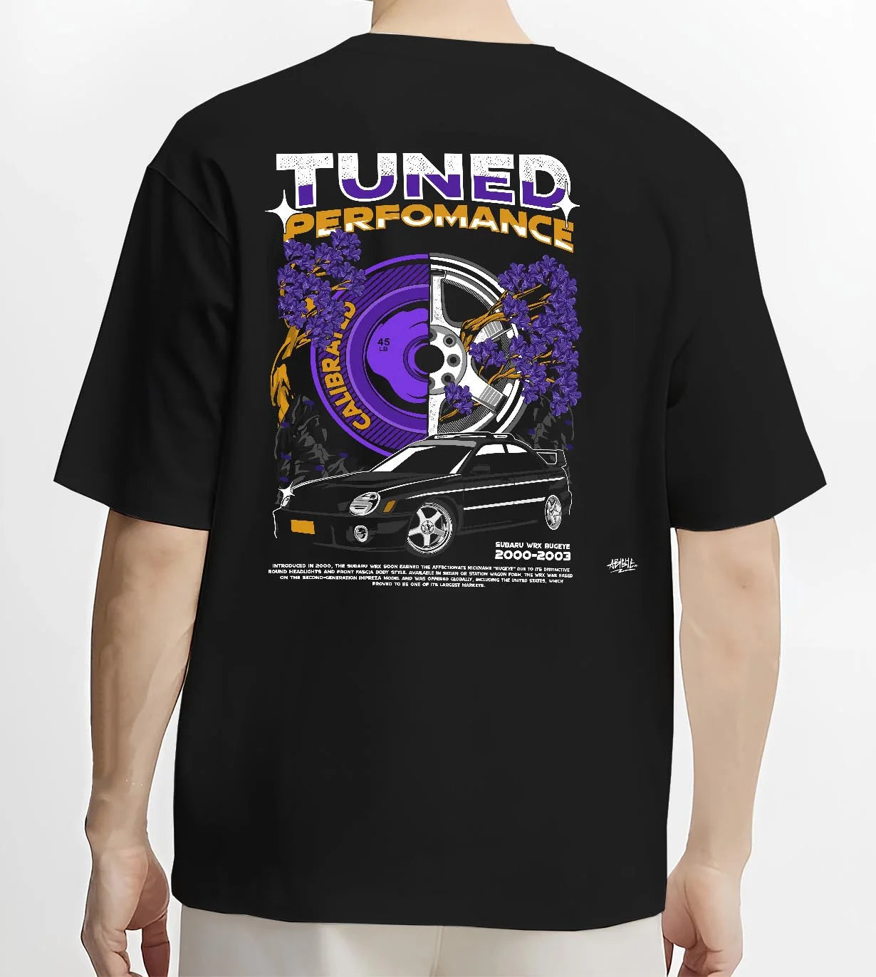 Black T-shirt worn by a male model, back view, featuring Subaru WRX rally legend racing street performance motorsport graphic.