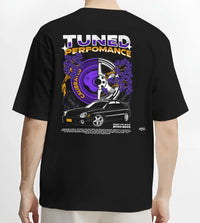 Black T-shirt worn by a male model, back view, featuring Subaru WRX rally legend racing street performance motorsport graphic.