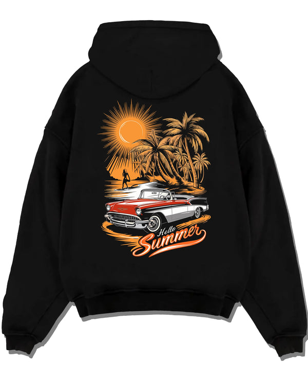 Black pullover hoodie laid flat on a white background, featuring retro vintage classic racing street performance motorsport graphic.