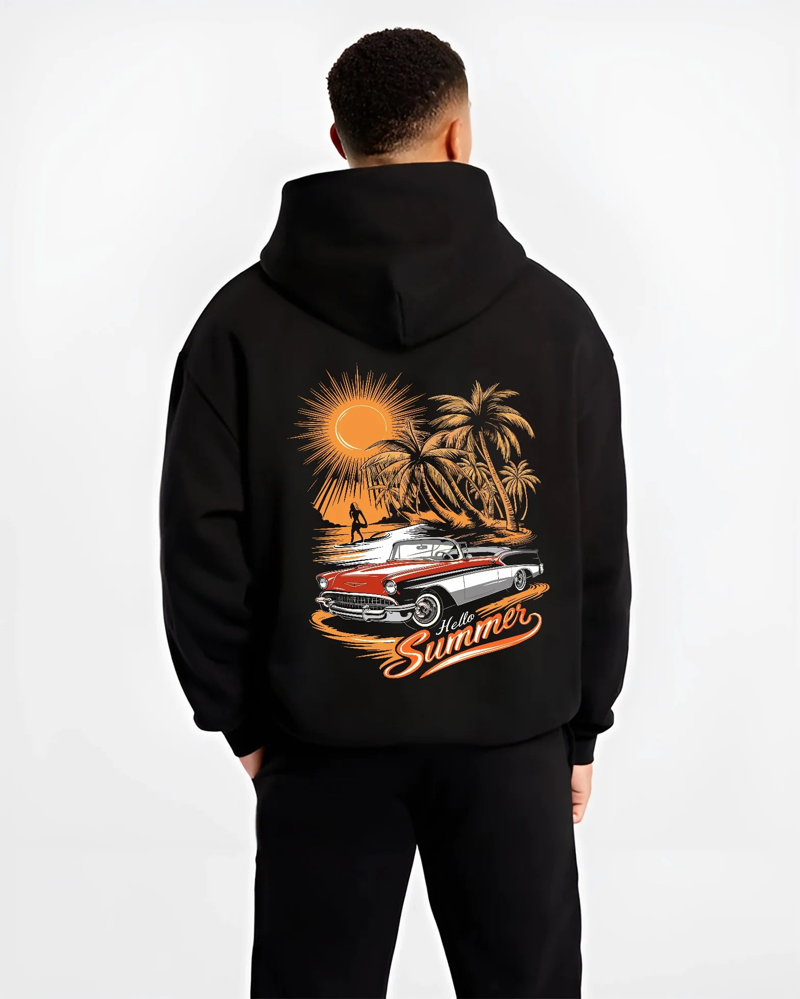 Black hoodie worn by a male model, back view, featuring retro vintage classic racing street performance motorsport graphic.