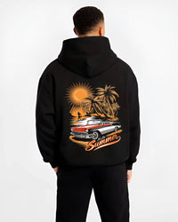Black hoodie worn by a male model, back view, featuring retro vintage classic racing street performance motorsport graphic.