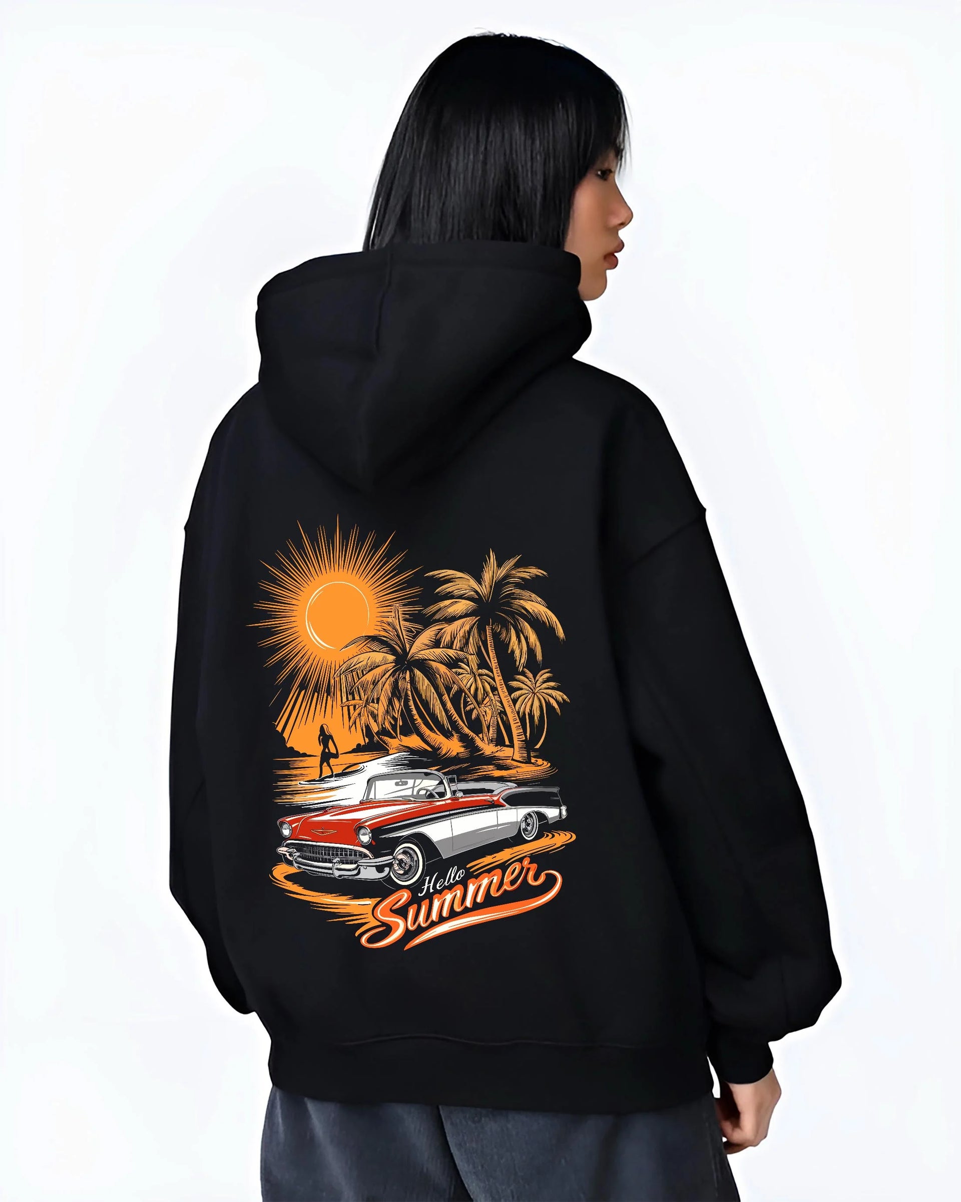 Black hoodie worn by a female model, back view, featuring retro vintage classic racing street performance motorsport graphic.