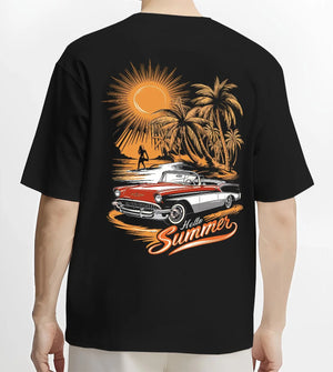 Black T-shirt worn by a male model, back view, featuring retro vintage classic racing street performance motorsport graphic.