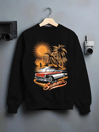Black crewneck sweatshirt on a hanger against a grey wall, featuring retro vintage classic racing street performance graphic.