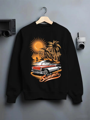 Black crewneck sweatshirt on a hanger against a grey wall, featuring retro vintage classic racing street performance graphic.