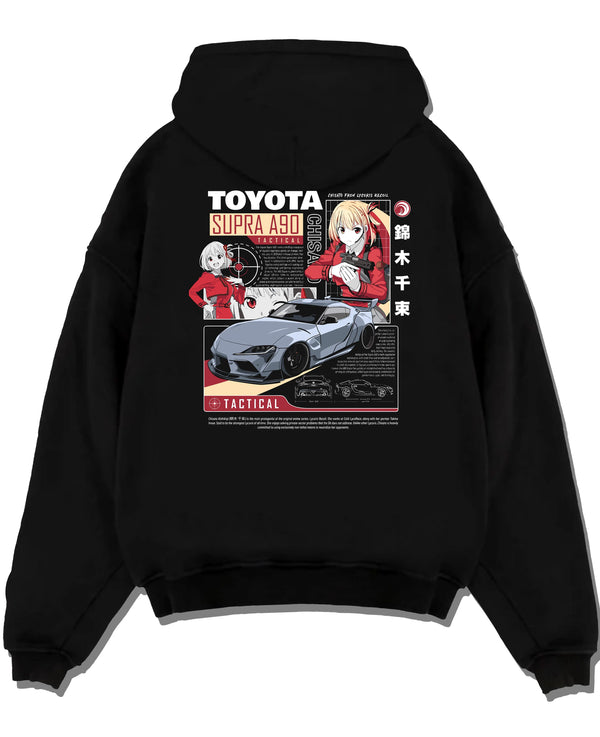 Black pullover hoodie laid flat on a white background, featuring Toyota Supra A90 supra turbo racing jdm street performance graphic.