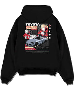 Black pullover hoodie laid flat on a white background, featuring Toyota Supra A90 supra turbo racing jdm street performance graphic.
