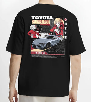 Black T-shirt worn by a male model, back view, featuring Toyota Supra A90 supra turbo racing jdm street performance graphic.