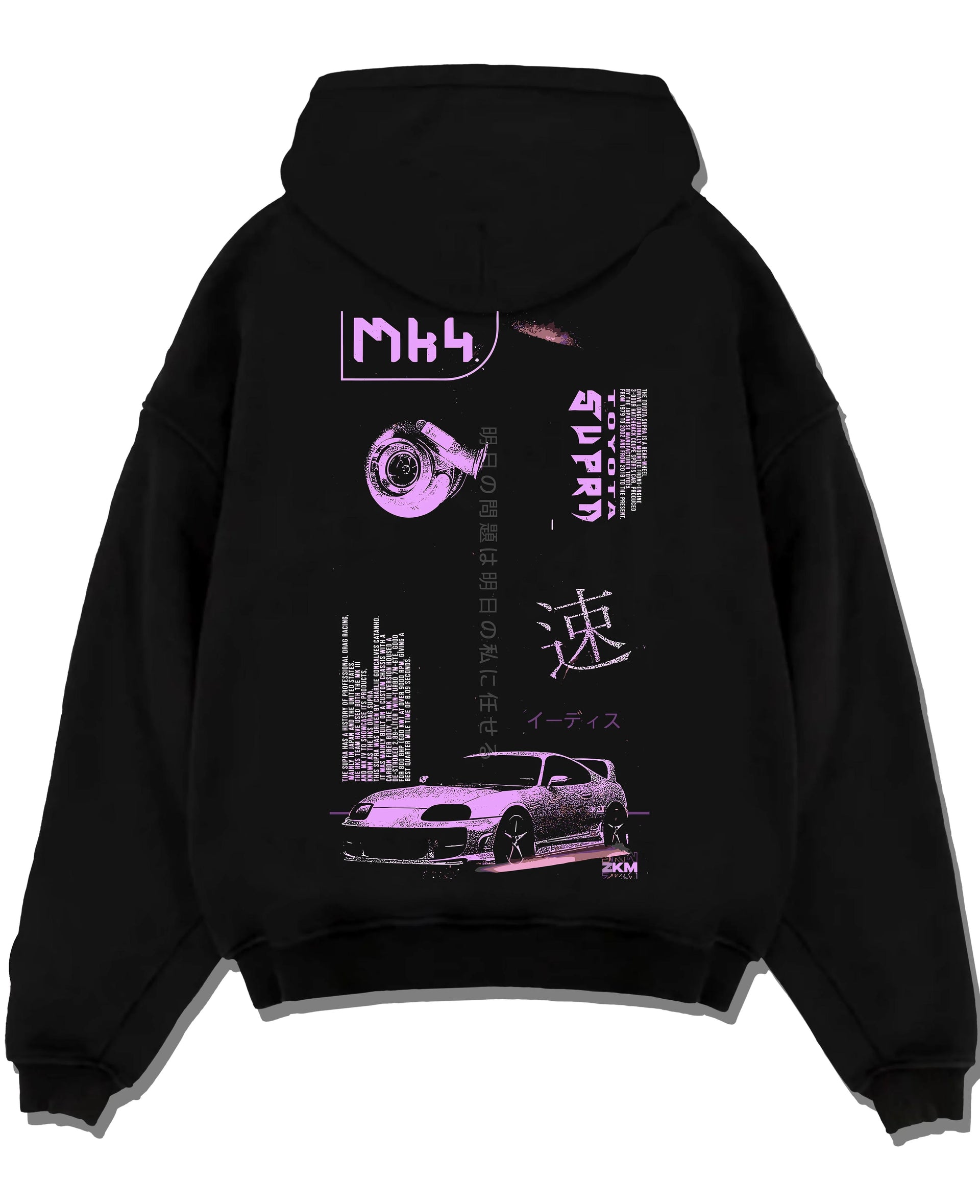 Black pullover hoodie laid flat on a white background, featuring Toyota Supra MK4 supra turbo racing drift jdm japanese graphic.
