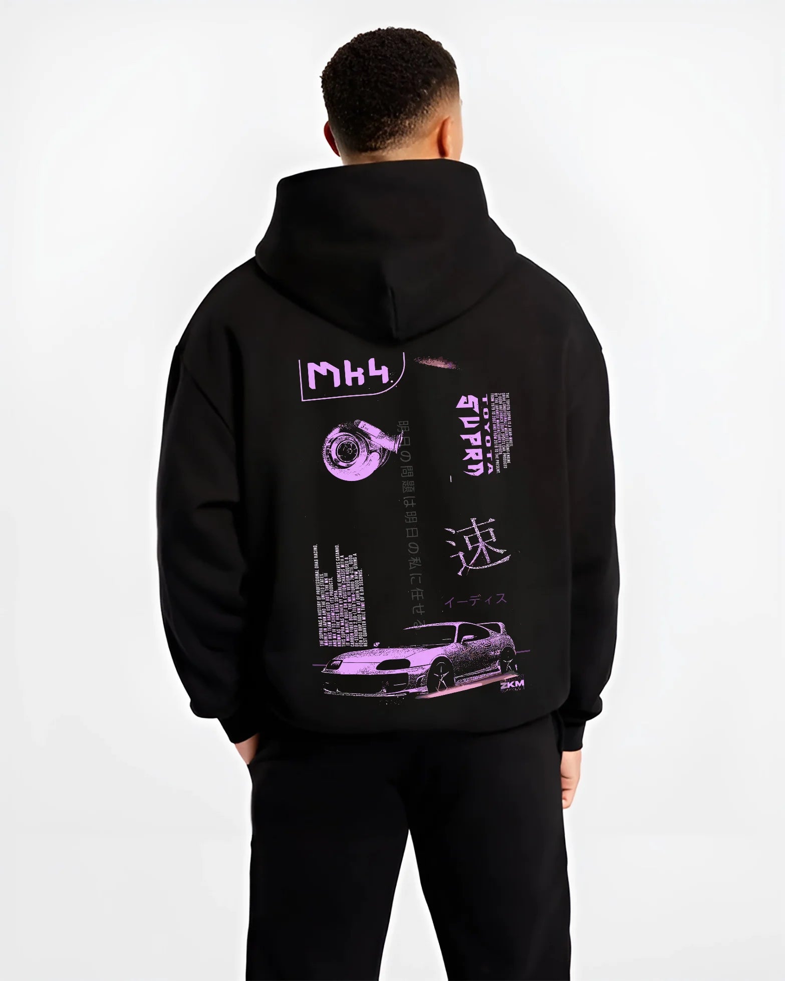 Black hoodie worn by a male model, back view, featuring Toyota Supra MK4 supra turbo racing drift jdm japanese tuner street graphic.