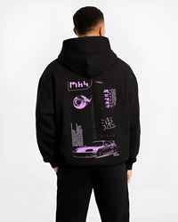 Black hoodie worn by a male model, back view, featuring Toyota Supra MK4 supra turbo racing drift jdm japanese tuner street graphic.