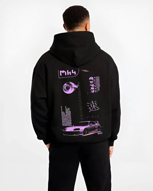 Black hoodie worn by a male model, back view, featuring Toyota Supra MK4 supra turbo racing drift jdm japanese tuner street graphic.