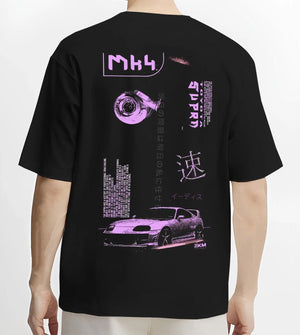 Black T-shirt worn by a male model, back view, featuring Toyota Supra MK4 supra turbo racing drift jdm japanese tuner graphic.