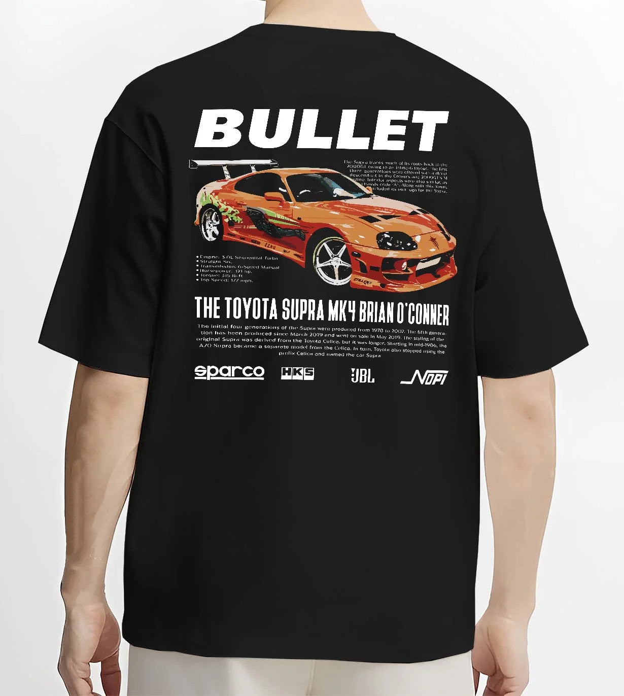 Black T-shirt worn by a male model, back view, featuring Toyota Supra MK4 supra racing drift jdm tuner street legend graphic.