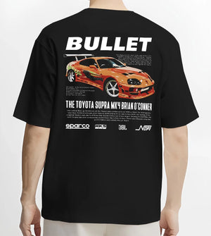 Black T-shirt worn by a male model, back view, featuring Toyota Supra MK4 supra racing drift jdm tuner street legend graphic.