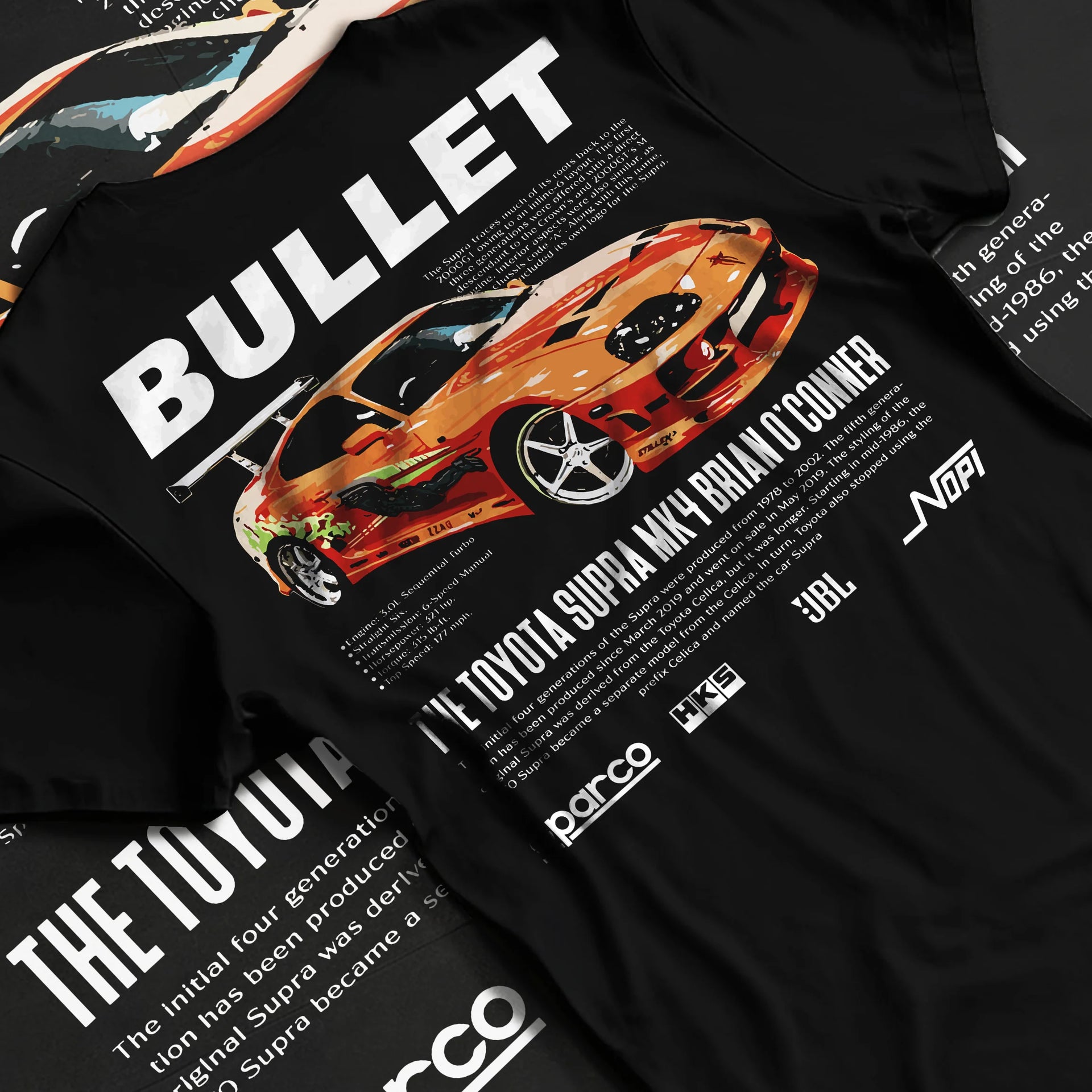 Black T-shirt laid flat with natural fabric folds, featuring Toyota Supra MK4 supra racing drift jdm tuner street legend graphic.