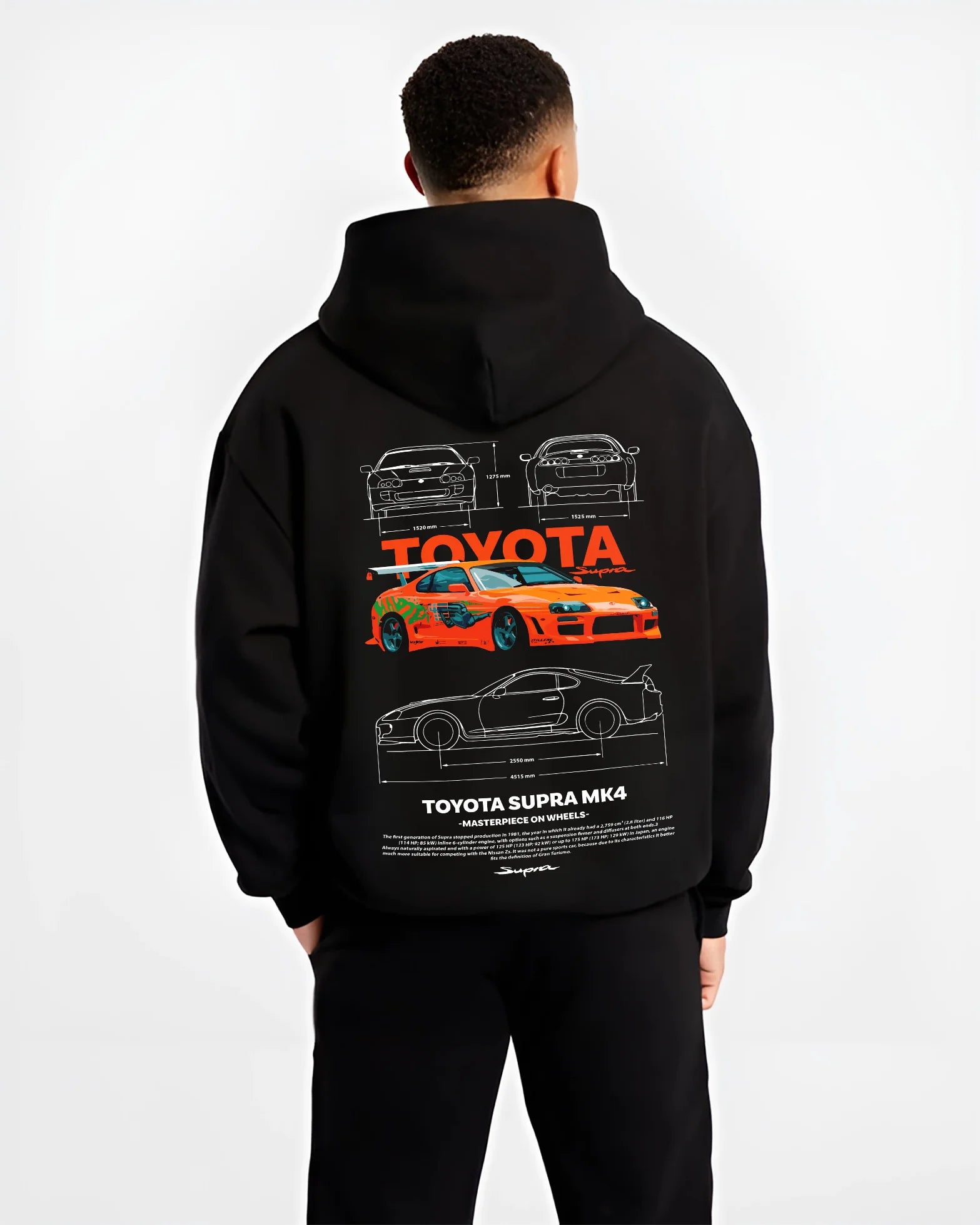 Black hoodie worn by a male model, back view, featuring Toyota Supra MK4 supra turbo turbocharged racing drift jdm japanese graphic.
