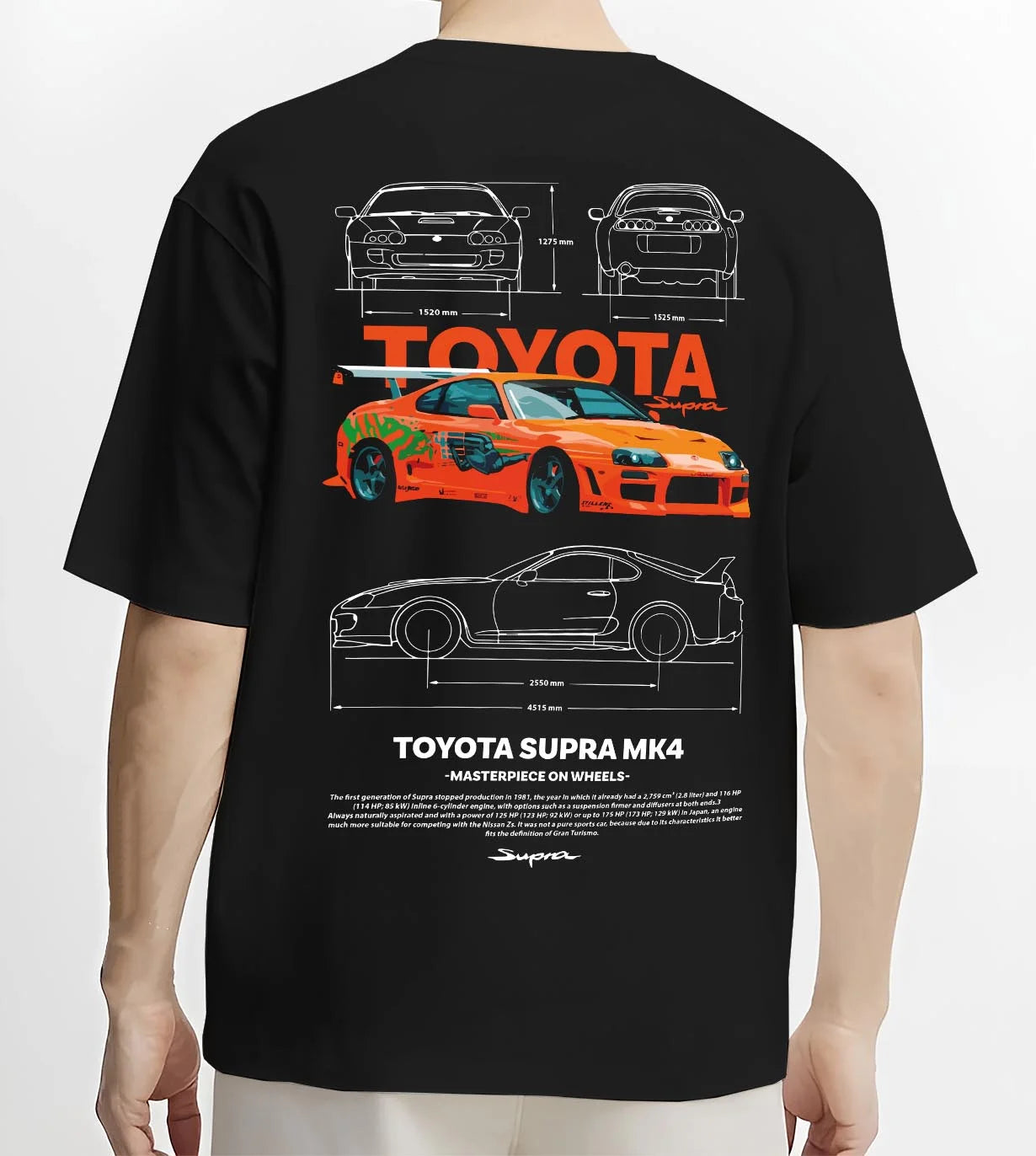 Black T-shirt worn by a male model, back view, featuring Toyota Supra MK4 supra turbo turbocharged racing drift jdm graphic.