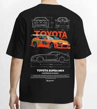 Black T-shirt worn by a male model, back view, featuring Toyota Supra MK4 supra turbo turbocharged racing drift jdm graphic.