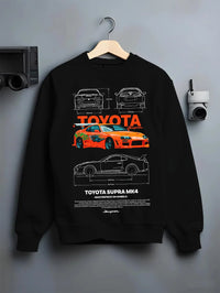 Black crewneck sweatshirt on a hanger against a grey wall, featuring Toyota Supra MK4 supra turbo turbocharged racing drift graphic.