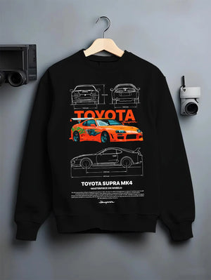 Black crewneck sweatshirt on a hanger against a grey wall, featuring Toyota Supra MK4 supra turbo turbocharged racing drift graphic.