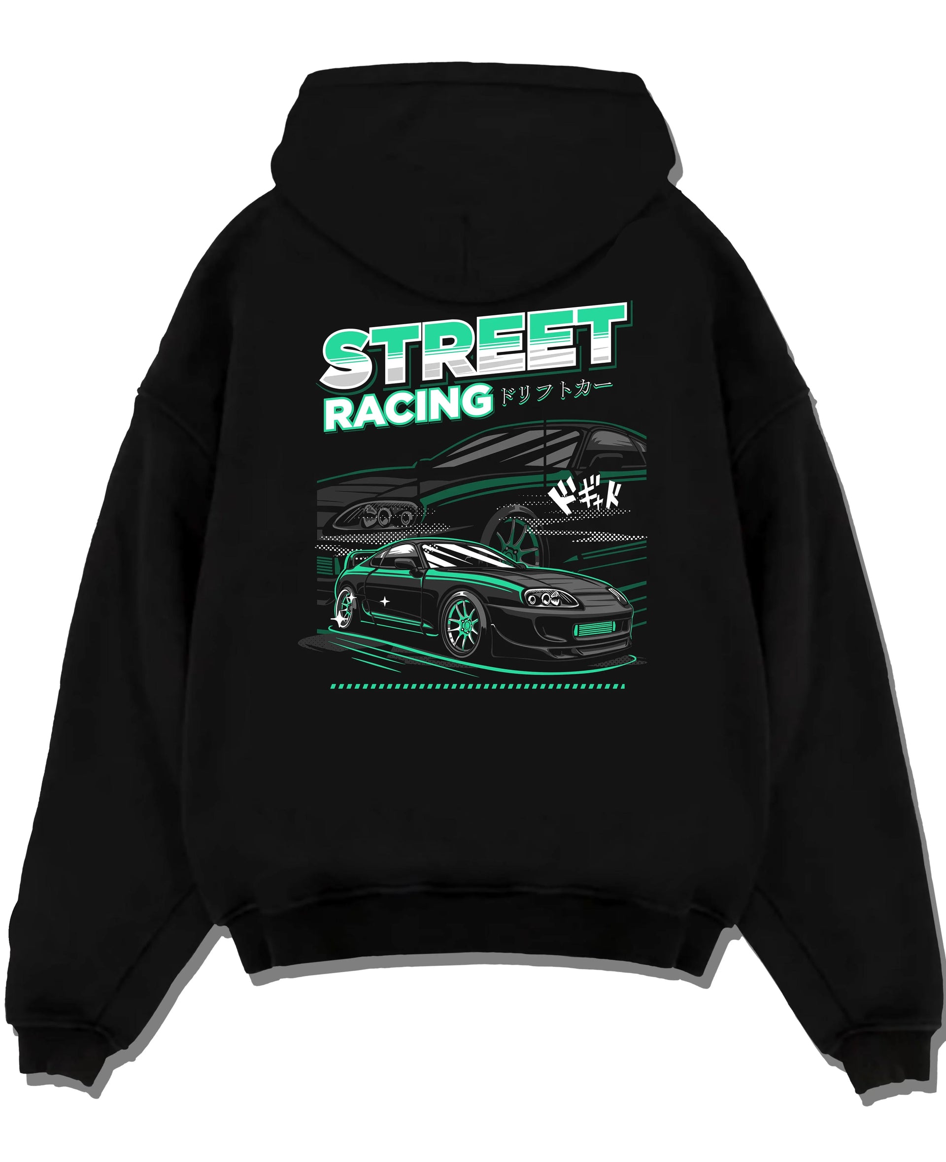Black pullover hoodie laid flat on a white background, featuring Toyota Supra turbo jdm street racing performance graphic.