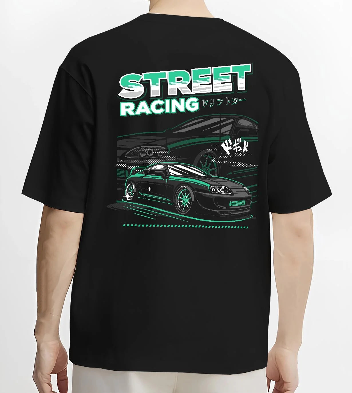 Black T-shirt worn by a male model, back view, featuring Toyota Supra turbo jdm street racing performance motorsport graphic.