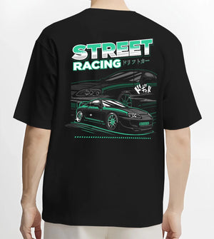Black T-shirt worn by a male model, back view, featuring Toyota Supra turbo jdm street racing performance motorsport graphic.