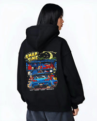 Black hoodie worn by a female model, back view, featuring Nissan Skyline R34 r34 skyline racing drift jdm tuner street graphic.