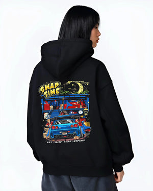 Black hoodie worn by a female model, back view, featuring Nissan Skyline R34 r34 skyline racing drift jdm tuner street graphic.