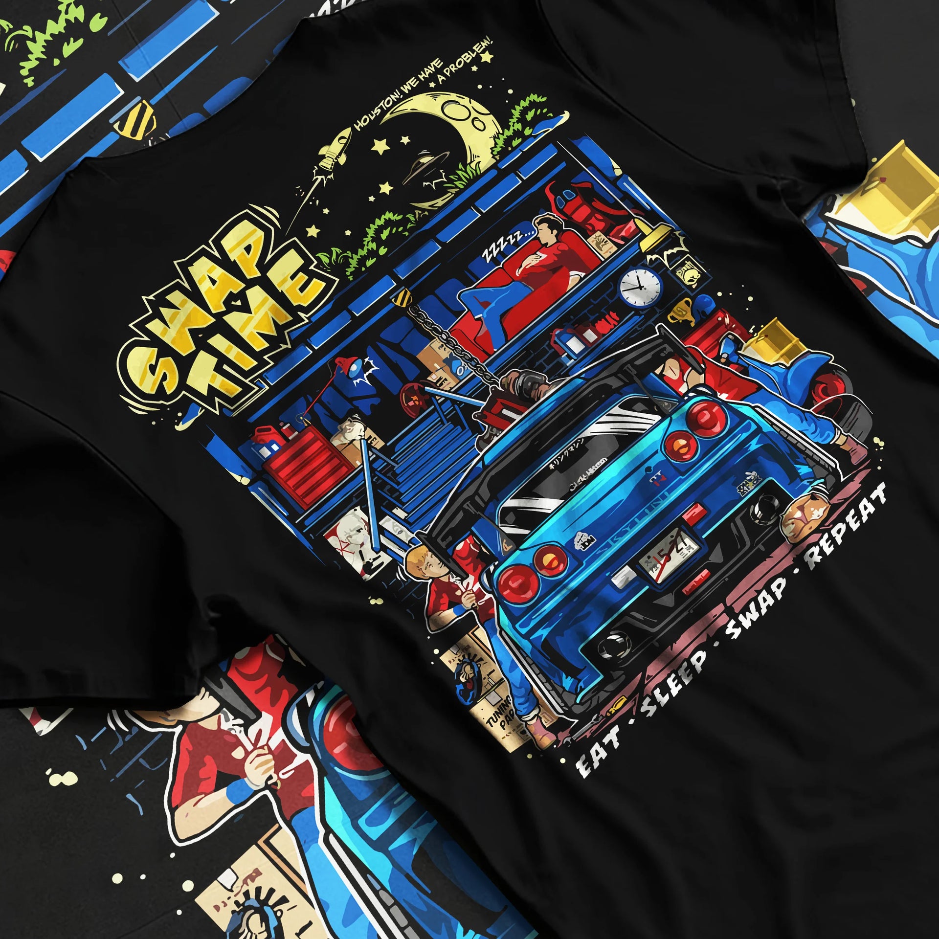 Black T-shirt laid flat with natural fabric folds, featuring Nissan Skyline R34 r34 skyline racing drift jdm tuner street graphic.