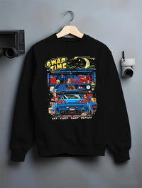 Black crewneck sweatshirt on a hanger against a grey wall, featuring Nissan Skyline R34 r34 skyline racing drift jdm tuner graphic.