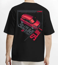 Black T-shirt worn by a male model, back view, featuring Suzuki SWIFT turbo turbocharged racing jdm japanese tuner street graphic.